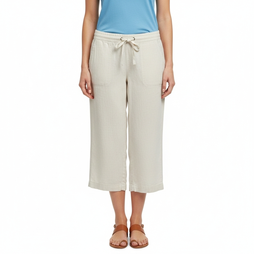 Per Se Linen Wide Leg Capri Pants Pull On Beach Khaki Lightweight Ivory White